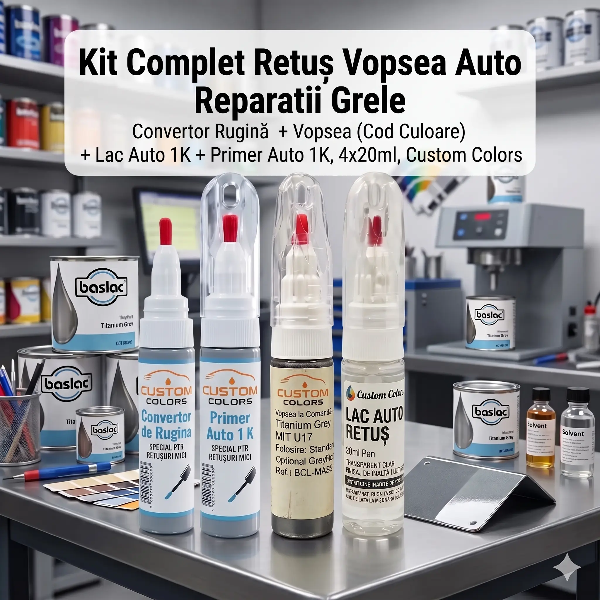 Kit retus Reparatii Grele Kit Retus Vopsea Reparații Grele: Convertor Rugină + Primer + Vopsea (Cod Culoare) + Lac, 4x20ml, Custom Colors - imagine 1