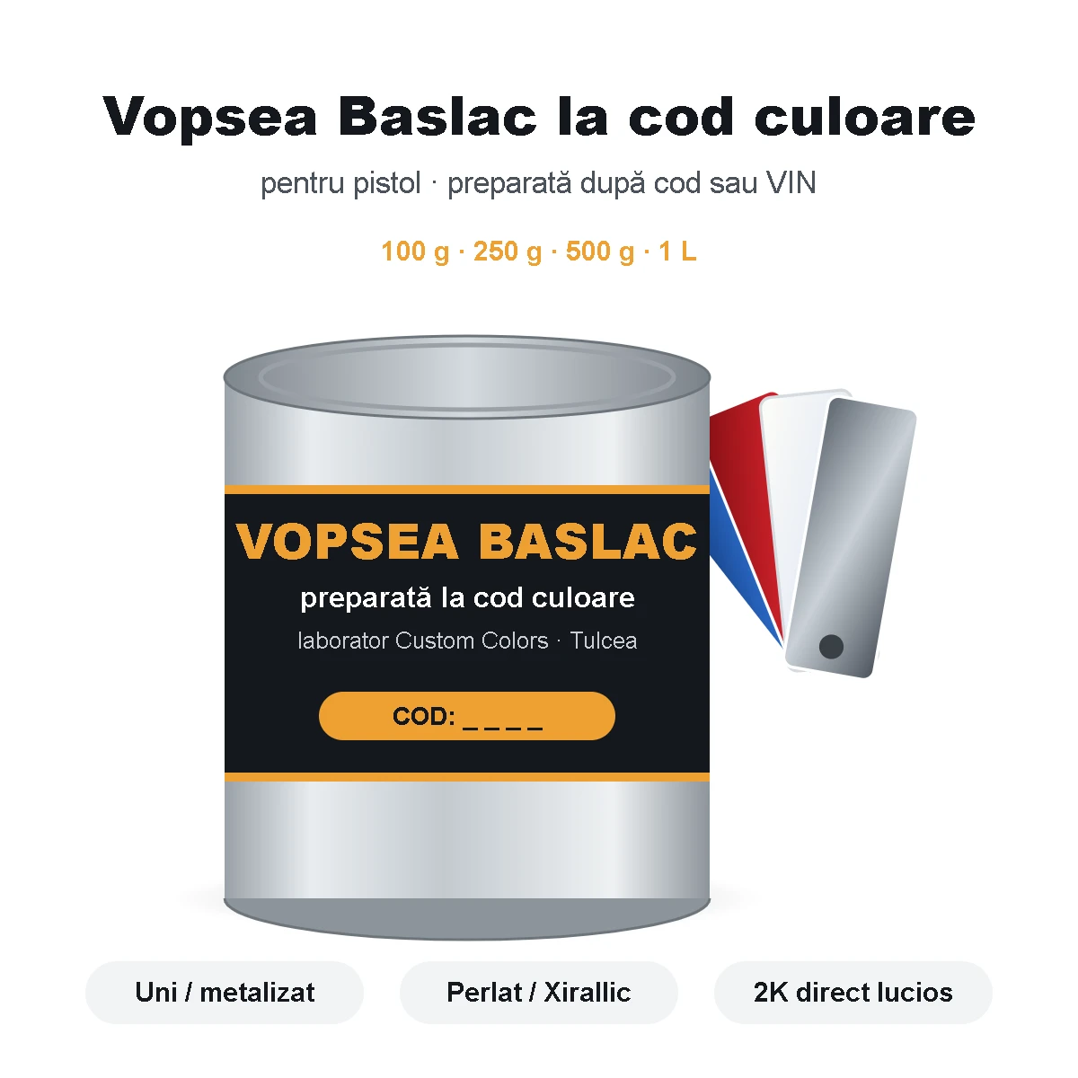 Vopsea Baslac preparată la cod culoare pentru pistol – uni, metalizat, perlat sau 2K – Custom Colors
